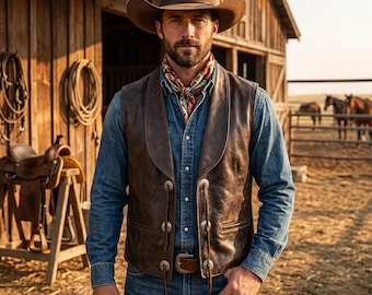 Braune Lederweste für Herren - Handgefertigte Western-Cowboy-Weste, ärmellose Jacke im Vintage-Ranch-Stil
