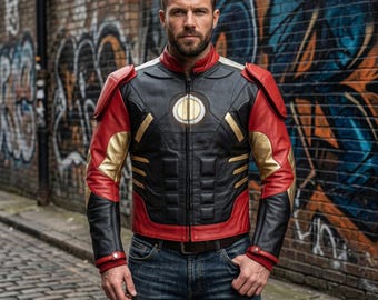 Chaqueta de motociclista roja y dorada hecha a mano: abrigo de cuero futurista para hombre. Prendas de abrigo para motociclistas con estilo atrevido.