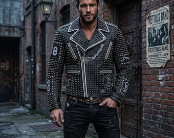 Chaqueta de cuero con púas artesanal para hombre – Prenda de abrigo motera con tachuelas estilo punk rock – Estilo gótico urbano