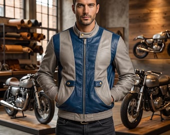 Chaqueta de cuero con bloques de color azul y gris hecha a mano: disfraz de motociclista premium estilo cosplay futurista para hombre.