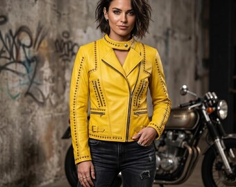 Chaqueta de cuero amarillo con tachuelas para mujer / Abrigo de motociclista punk rock adornado a mano / Prenda de abrigo de motociclista gótico con tachuelas plateadas
