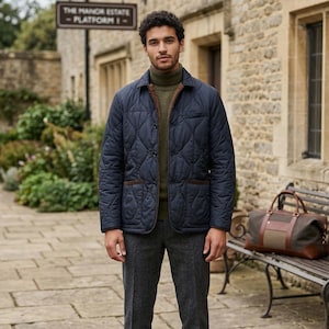 Mens Quilted Barn Jacket with Corduroy Collar and Suede Elbow Patches - Classic Diamond Quilt Field Lightweight Puffer Blazer Coat