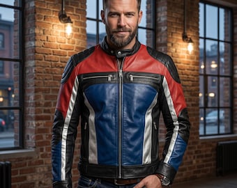Chaqueta de cuero genuino para hombre, estilo profesional de carreras, multicolor, azul y roja, con hombros acolchados y corte ajustado.