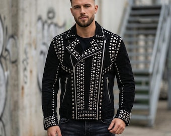 Chaqueta de motociclista de ante negro con tachuelas para hombre, hecha a mano - Chaqueta estilo rockstar punk con tachuelas plateadas - Ropa urbana gótica vanguardista