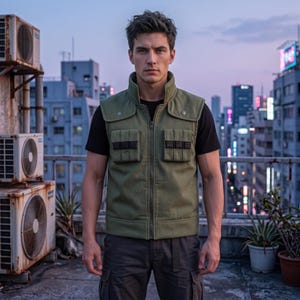 May include: An olive green tactical vest with a high collar, a full-length front zipper, and two chest pockets featuring dark brown rectangular accents. The vest is worn over a plain black short-sleeved shirt and dark gray cargo pants.