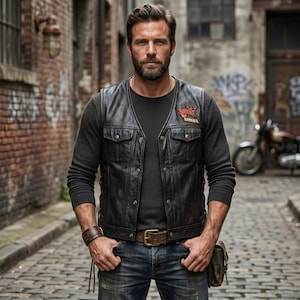 Może przedstawiać: Czarna skórzana kamizelka z czterema kieszeniami, noszona na ciemnoszarej koszuli z długim rękawem. Kamizelka ma brązowy pasek i naszywkę z napisem "Barkies". Osoba nosi niebieskie dżinsy i brązową skórzaną bransoletkę.