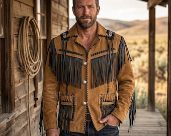 Chaqueta vaquera con flecos de ante marrón hecha a mano - Blazer estilo vaquero para hombre, abrigo unisex con flecos para festivales de inspiración nativa americana