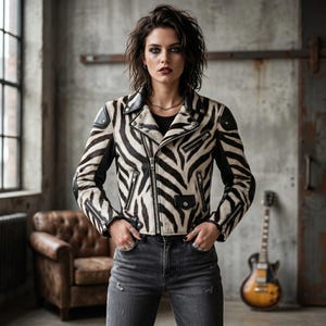 May include: A black and white zebra-print leather jacket with black detailing, a zip fastening, and a classic biker style. The jacket is worn with grey jeans. A guitar is in the background.