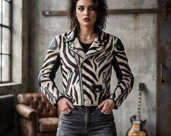 Chaqueta de cuero con estampado de cebra unisex / Chaqueta de motociclista vintage pintada a mano / Chaqueta de motociclista con estampado de animales exóticos / Prenda de abrigo moderna