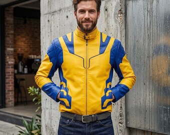Handmade Men’s Yellow & Blue Leather Biker Jacket – Padded Moto Racer Outerwear – Bold Statement Design