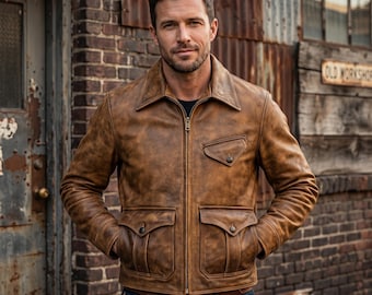 Chaqueta vintage de cuero marrón tostado resistente para hombre - Abrigo de cuero desgastado estilo clásico de los años 30 - Chaqueta de aviador clásica