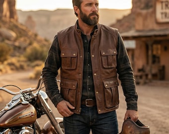 Chaleco multibolsillos de cuero marrón hecho a mano para hombre: chaleco vintage resistente, utilitario, para viajes y motociclistas. Chaleco de piel de oveja para safari y caza al aire libre.