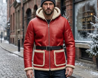 Chaqueta de invierno de piel roja para hombre, hecha a mano - Abrigo festivo de piel de oveja de lujo con capucha y cinturón - Parka con forro de piel - Regalo navideño único para él