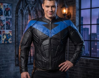 Chaqueta de cuero blindada azul y negra para hombre – Prenda de abrigo de motociclista estilo cosplay hecha a mano – Abrigo de moda personalizado