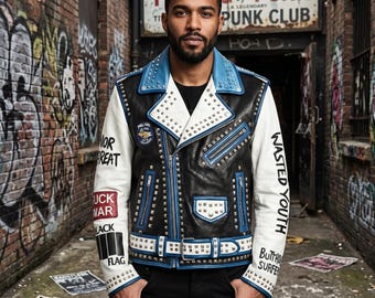 Chaqueta estilo punk rock para hombre, hecha a mano, con la bandera negra con tachuelas, estilo motero Minor Threat, abrigo de cuero estilo hardcore.