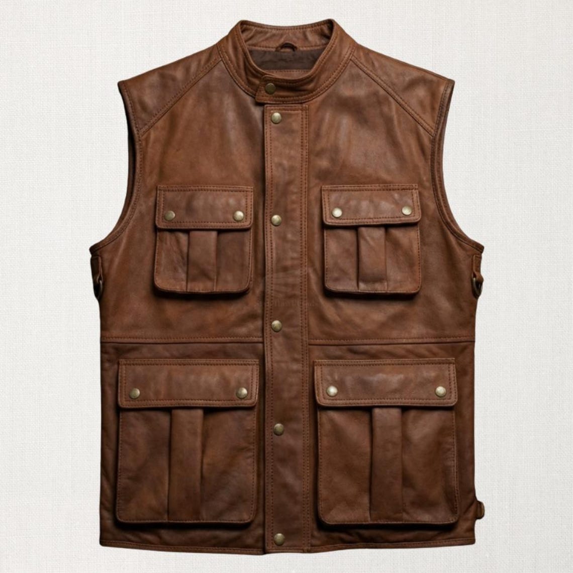 Retro Rugged Handmade Brown Leather Multi-pocket Gilet for Men – Vintage Rugged ...