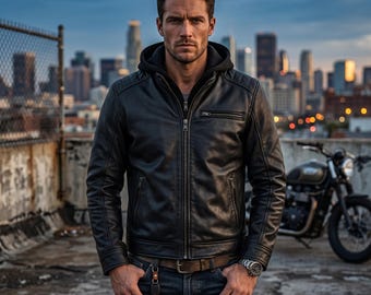 Chaqueta de motociclista Urban Vigilante de cuero negro para hombre / Abrigo de motociclista con símbolo de héroe oscuro en relieve / Chaqueta de cuero con capucha estilo Brando para hombre