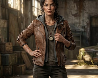 Chaqueta de motociclista de cuero marrón terroso con capucha para mujer, hecha a mano. Abrigo acolchado con capucha de forro polar extraíble. Chaqueta de cuero estilo supervivencia.