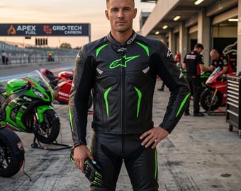 Chaqueta de motociclista de piel de vaca verde neón para hombre: abrigo protector de carreras con armadura extraíble