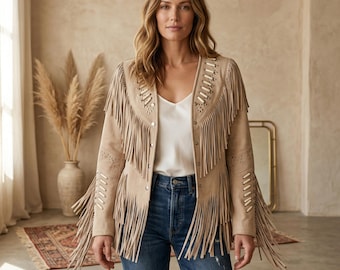 Chaqueta de gamuza con flecos y cuentas de inspiración suroeste para mujer: abrigo estilo vaquera con borlas artesanales.