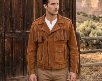 Mens Tan Suede Fringe Jacket – Western Cowboy Style Coat, Handmade Vintage Boho Leather Jacket