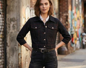 Cropped Black Denim Jacket Women, Graphic Back Trucker Jacket, Red Stitch Streetwear Coat, 3/4 Sleeve Crop Jacket, Urban Aesthetic Denim