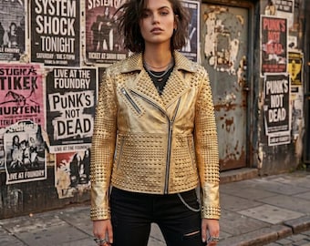 Chaqueta motera de cuero con tachuelas doradas para mujer – Abrigo punk rock metalizado hecho a mano – Prenda de abrigo vanguardista para festivales