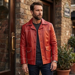 May include: A red leather jacket with a button-up front, two front pockets, and white stitching. The jacket has a classic collar and is worn with a dark gray t-shirt and blue jeans. A watch is visible on the wrist.