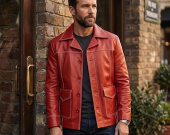 Chaqueta estilo blazer de cuero rojo cereza para hombre: chaqueta vintage de los años 70 con estructura y costuras blancas en contraste. Prenda de abrigo retro hecha a mano.