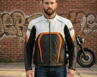Chaqueta de motociclista de cuero blindado hecha a mano - Equipo de carreras acolchado resistente para hombre - Chaqueta deportiva negra y naranja con protección CE