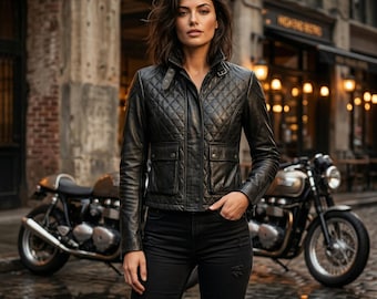 Chaqueta de cuero acolchada negra para mujer, hecha a mano - Abrigo estilo motero con acolchado de rombos - Prenda de abrigo de piel de oveja auténtica con bolsillos cargo utilitarios