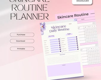 May include: A skincare routine planner with the text "SKINCARE ROUTINE PLANNER". The planner includes a "Skincare Daily Routine" sheet with sections for morning and night routines, and a checklist. The color scheme is soft purple and white.