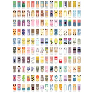 May include: A collection of 150 pixel art designs, each on a rectangular background. The designs include animals, characters, and patterns, with numbers from 001 to 150 above each. Measurements are not applicable.