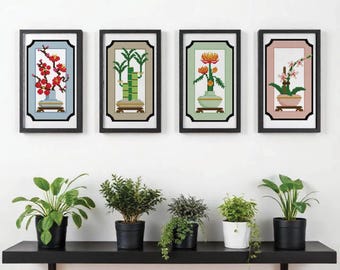 Cross Stitch Pattern: The Four Gentlemen, Lucky Bamboo, Chrysanthemum, Plum Blossom, Orchid Chinese Inspired Home Décor Embroidery Lego Sets