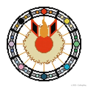 May include: A circular cross-stitch design featuring a central orange sphere with a flame-like shape above it. The design is surrounded by a black and gray border with colorful accents. The text "© 2025 - CraftingWay" is in the lower right corner.