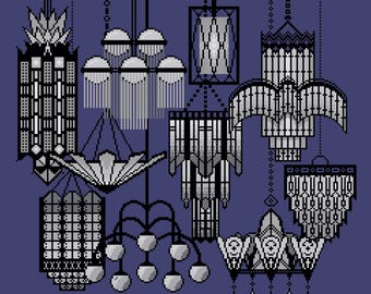 Art Deco Lights - Monochrome Cross Stitch Pattern Digital Download PDF Embroidery Home Décor DIY Modern Geometric Black White Chandeliers