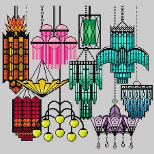 Lámparas Art Decó - Patrón de punto de cruz en color Descarga digital PDF Bordado Decoración del hogar DIY Lámparas de araña geométricas coloridas modernas
