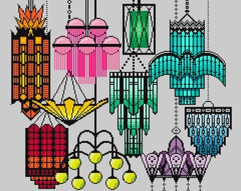 Art Deco Lights - Color Cross Stitch Pattern Digital Download PDF Embroidery Home Décor DIY Modern Geometric Colorful Lighting Chandeliers