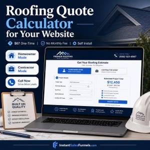 May include: A laptop screen shows a roofing quote calculator with options for homeowners and contractors. The interface displays an estimated total of £9,900. A clipboard with "Built on Quality" and a hard hat are also visible.