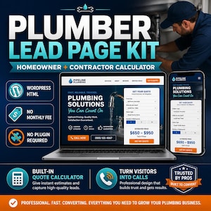 Plumber Lead Page Kit, WordPress HTML Template, Quote Calculator