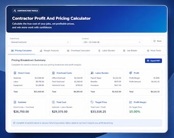 Contractor Pricing Tool | 6 In 1 Job Calculator | Markup Overhead Labor Burden Profit
