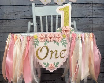Rosa Hochstuhl Girlande zum 1.Geburtstag: Boho Blumengirlande