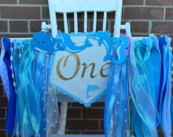 Banner de primer cumpleaños bajo el mar: decoración para trona, adorno para tarta, banner mensual para bebé, guirnalda de cumpleaños con animales marinos