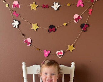 Guirnalda de papel de Minnie Mouse para cumpleaños, baby shower o decoración infantil / Banner de Minnie rosa y dorado / Decoración de fiesta hecha a mano de 80 cm