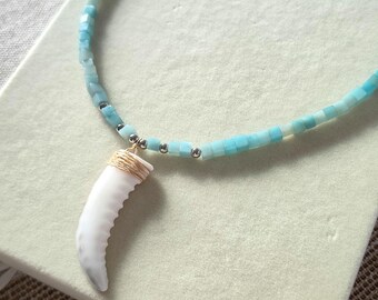Shell Carved Shark Tooth Amazonite Necklace: Beach Vibes, Ocean Lovers