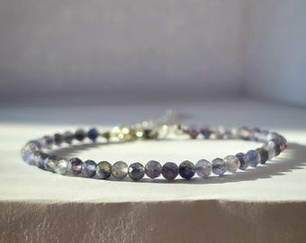 Minimalist Faceted Iolite Bracelet: Gold Silver Plated, Stone of Vision, Intuition Crystal
