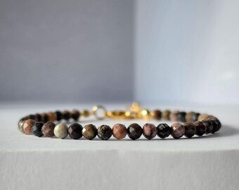 Minimalist Faceted Rhodonite Bracelet: Gold Silver Plated, Emotional Healing