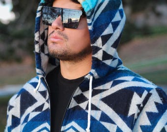 Alpaca Wool Hooded Jacket with pockets: Native American Tribal Design - Large Size Unisex