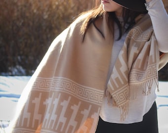 Reversible Alpaca Scarf Shawl: Geometric Alpaca Design - Bohemian Wrap