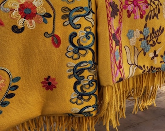 Embroidered Baby Alpaca Scarf: Handmade Flower Embroidery - Wedding - Gift Scarf - Soft and Delicate Shawl
